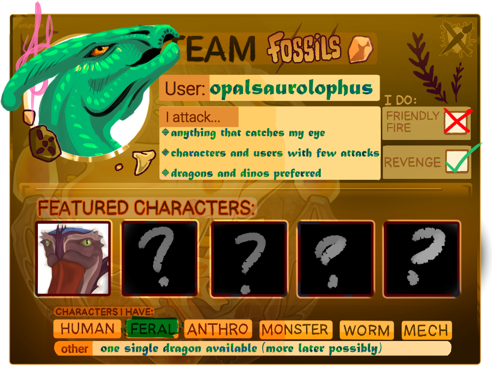 Using the Art Fight Fossils user card template, a green para bust comes out of the profile image slot. There's one character in the 'favourite characters' slot. Revenge is ticked, but friendly fire is crossed out. Under 'I draw' there are three bullets mentioning dragons and dinosaurs preferred but anything that catches the eye will be drawn, with a preference for users or characters without a lot of love on Art Fight.